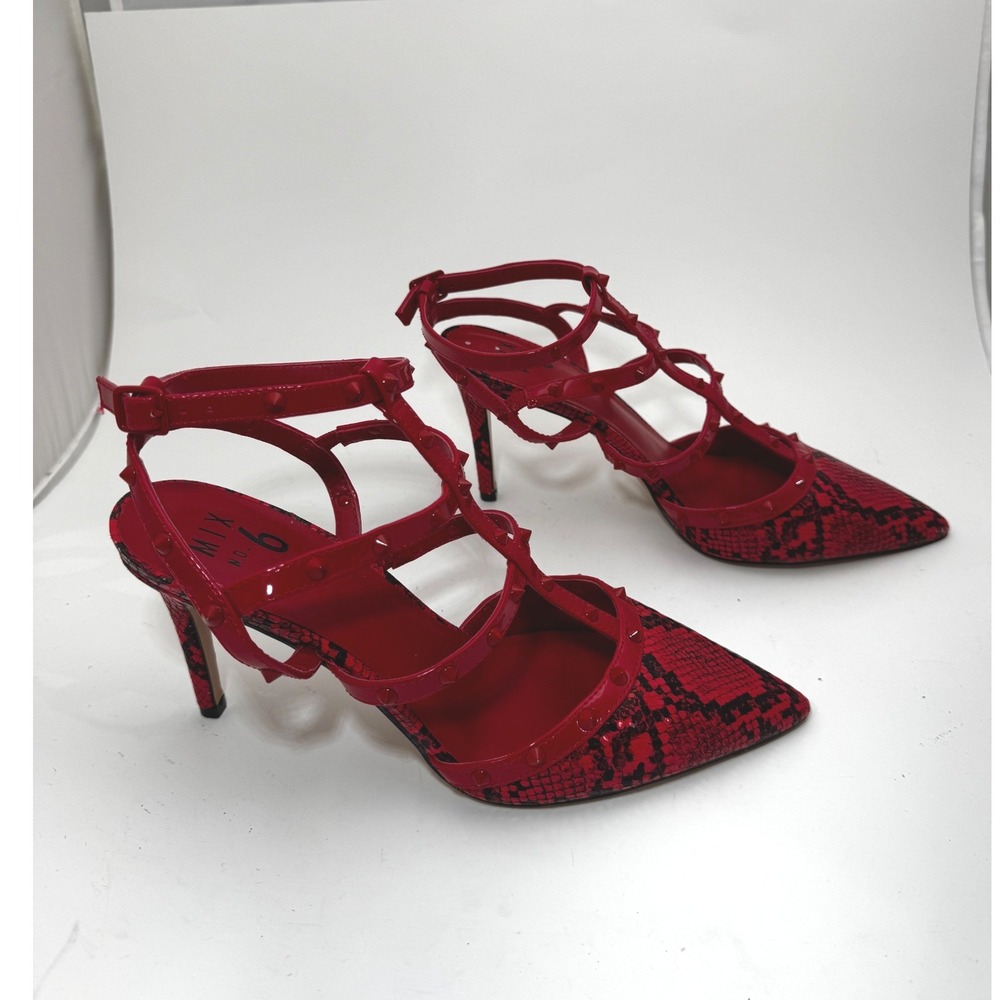 Mix No. 6 Womens 9.5 Red Snakeskin Caged Studded Pointed Toe Stiletto Pumps - Picture 7 of 8